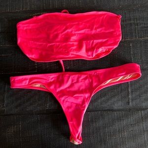 Hot coral strapless thong bikini
